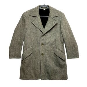 VINTAGE Zero King Tweed Overcoat Mens 40R Brown Herringbone Wool Blend 70's
